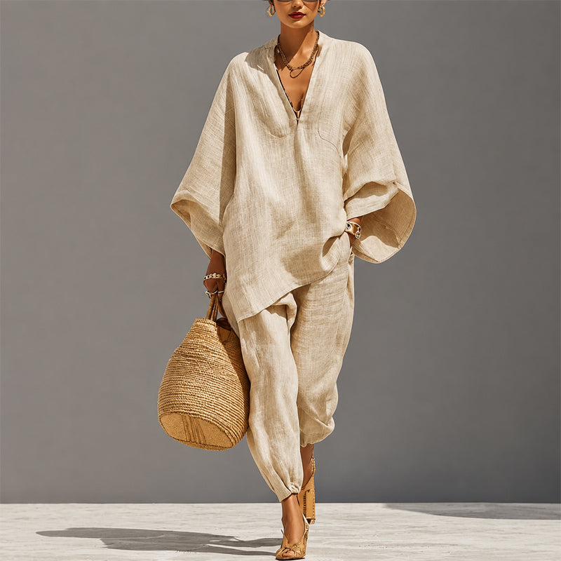 Keira - Women's Linen-Look Tunic & Pants Set