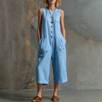Khloe - Women's Sleeveless Button-Front Cropped Linen Jumpsuit