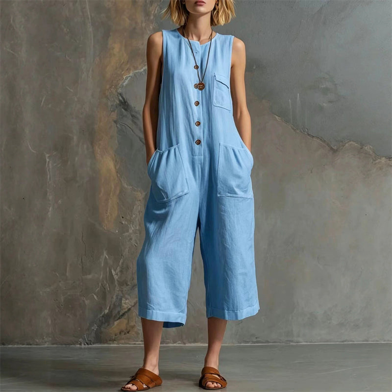 Khloe - Women's Sleeveless Button-Front Cropped Linen Jumpsuit