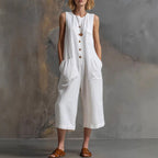 Khloe - Women's Sleeveless Button-Front Cropped Linen Jumpsuit