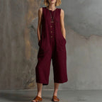 Khloe - Women's Sleeveless Button-Front Cropped Linen Jumpsuit