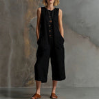 Khloe - Women's Sleeveless Button-Front Cropped Linen Jumpsuit