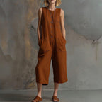 Khloe - Women's Sleeveless Button-Front Cropped Linen Jumpsuit