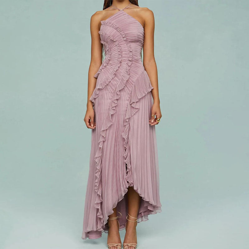 Kylee - Women's Pleated Ruffle Halter Maxi Dress