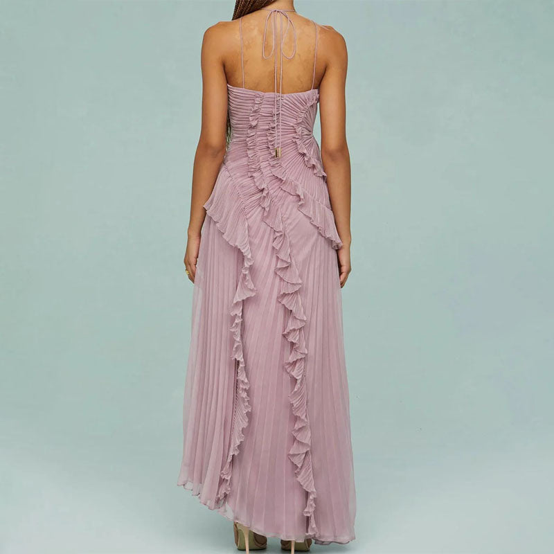 Kylee - Women's Pleated Ruffle Halter Maxi Dress