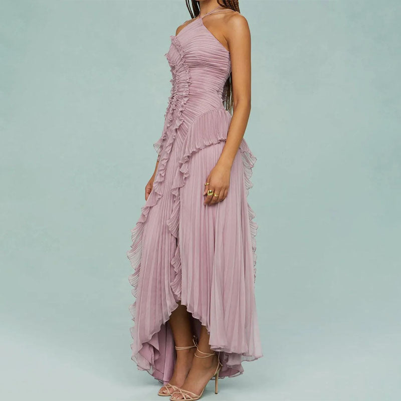 Kylee - Women's Pleated Ruffle Halter Maxi Dress