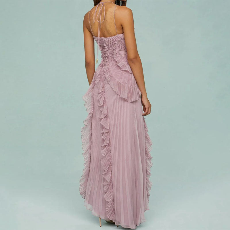 Kylee - Women's Pleated Ruffle Halter Maxi Dress