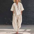 Lacey - Women's Linen-Look Button Wrap Top & Pants Set