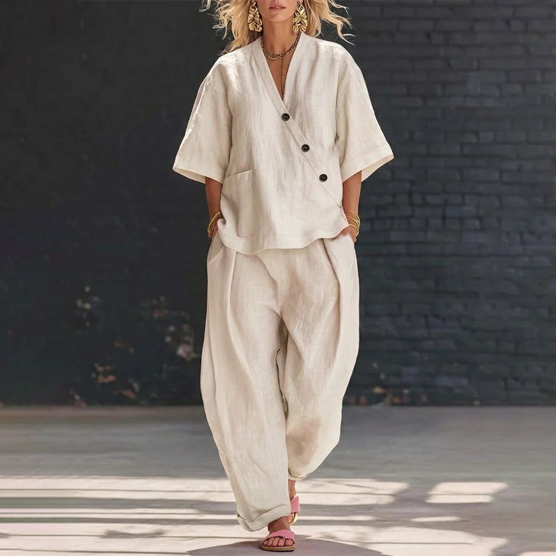 Lacey - Women's Linen-Look Button Wrap Top & Pants Set