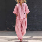 Lacey - Women's Linen-Look Button Wrap Top & Pants Set