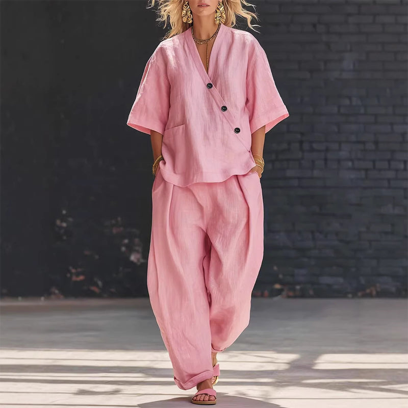 Lacey - Women's Linen-Look Button Wrap Top & Pants Set