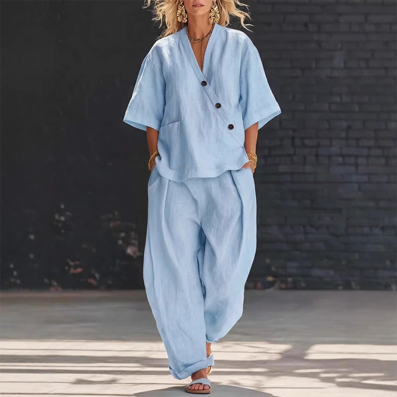 Lacey - Women's Linen-Look Button Wrap Top & Pants Set
