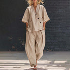 Lacey - Women's Linen-Look Button Wrap Top & Pants Set