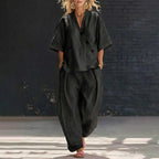 Lacey - Women's Linen-Look Button Wrap Top & Pants Set