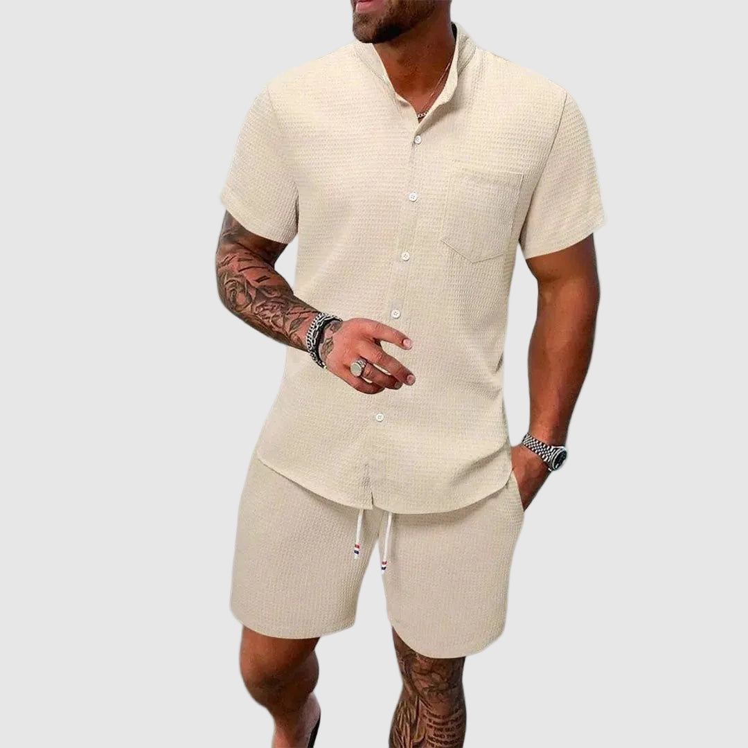 Logan - Men's Textured Button Shirt And Shorts Set