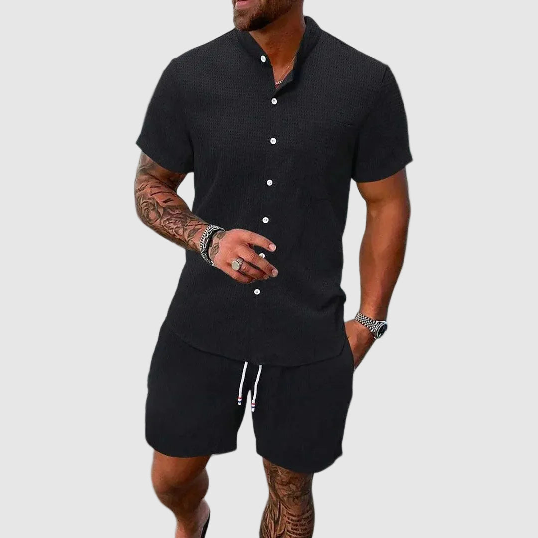 Logan - Men's Textured Button Shirt And Shorts Set