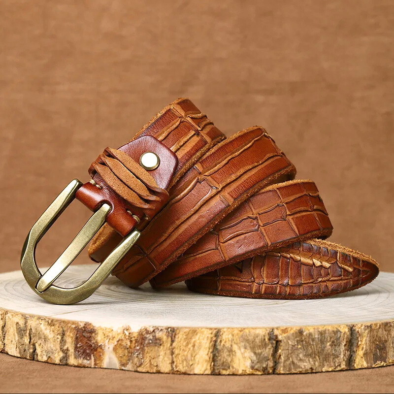 Mark - Men's Embossed Genuine Leather Belt with Brass Buckle
