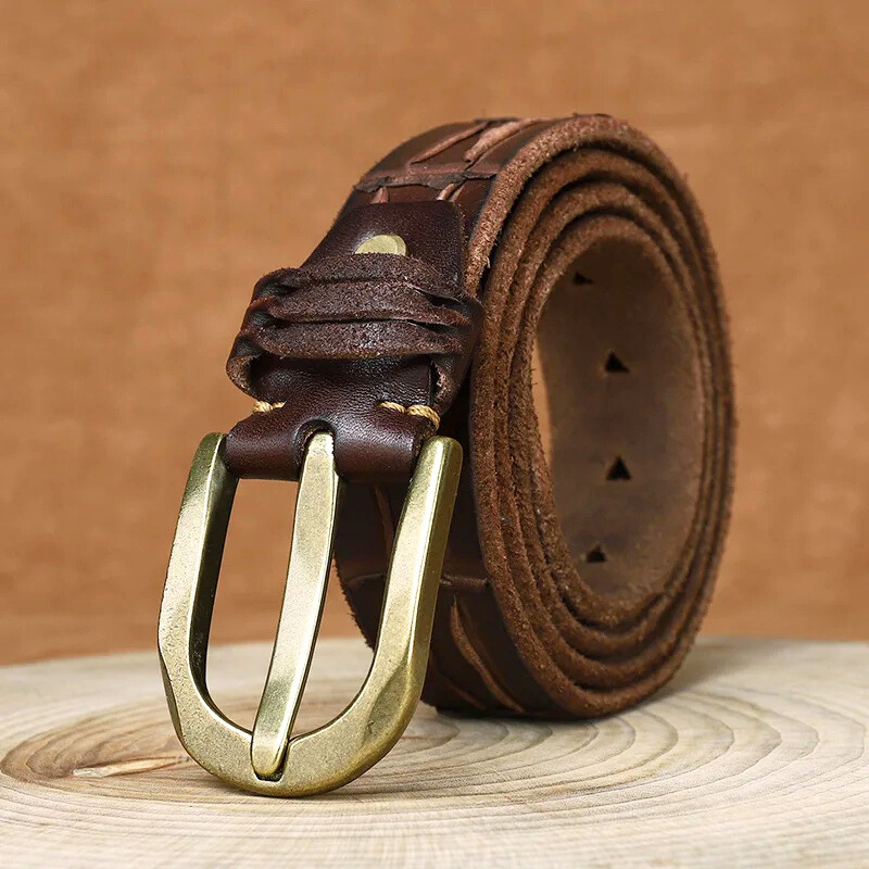 Mark - Men's Embossed Genuine Leather Belt with Brass Buckle