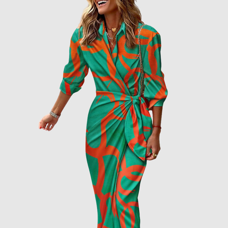 Natalie - Women's Printed Wrap Tie Midi Dress