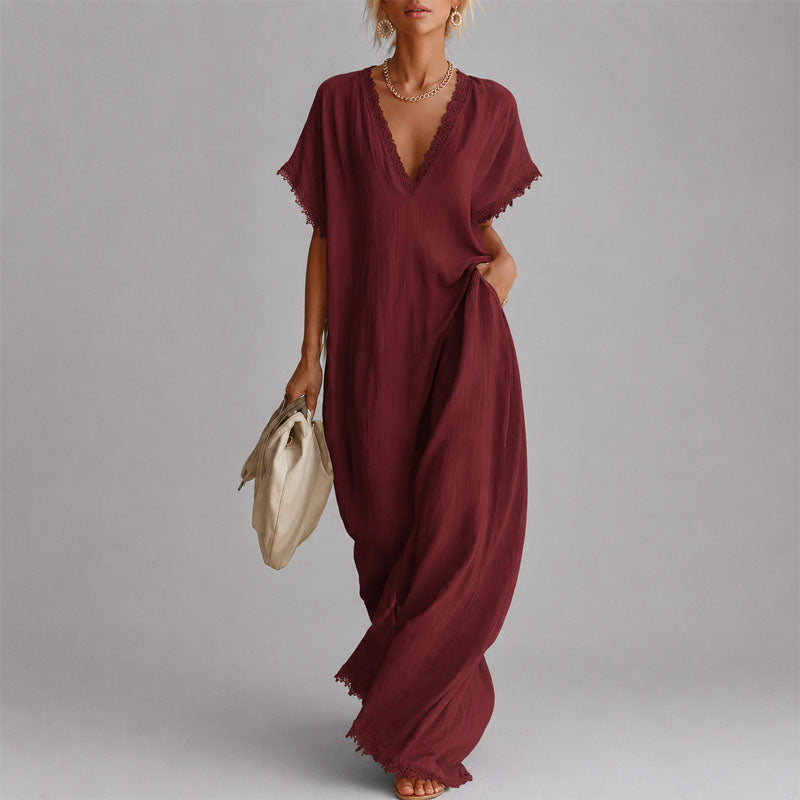 Nellie - Women's Linen-Look Lace-Trim Maxi Dress