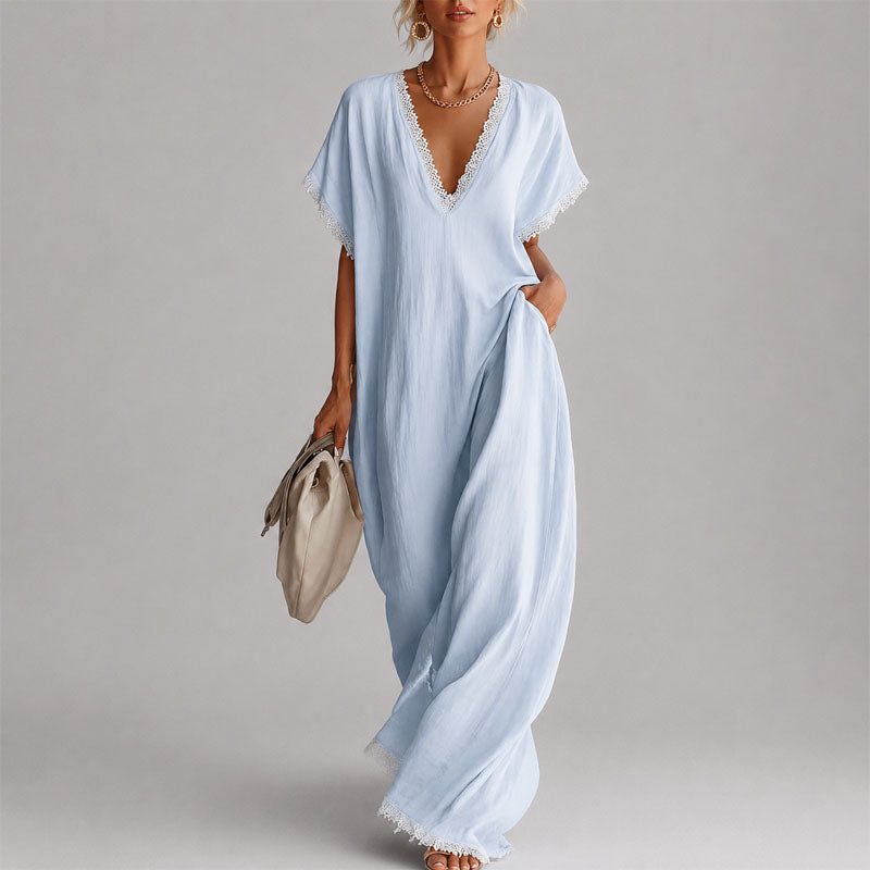 Nellie - Women's Linen-Look Lace-Trim Maxi Dress
