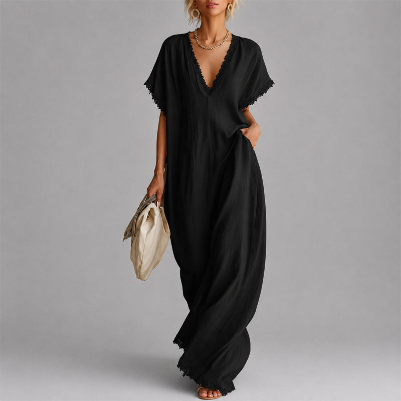 Nellie - Women's Linen-Look Lace-Trim Maxi Dress