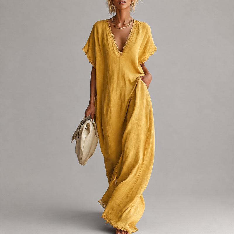 Nellie - Women's Linen-Look Lace-Trim Maxi Dress