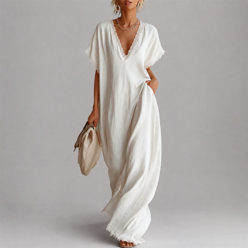 Nellie - Women's Linen-Look Lace-Trim Maxi Dress