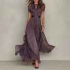 Penelope - Women's Sheer Pleated Keyhole Maxi Dress