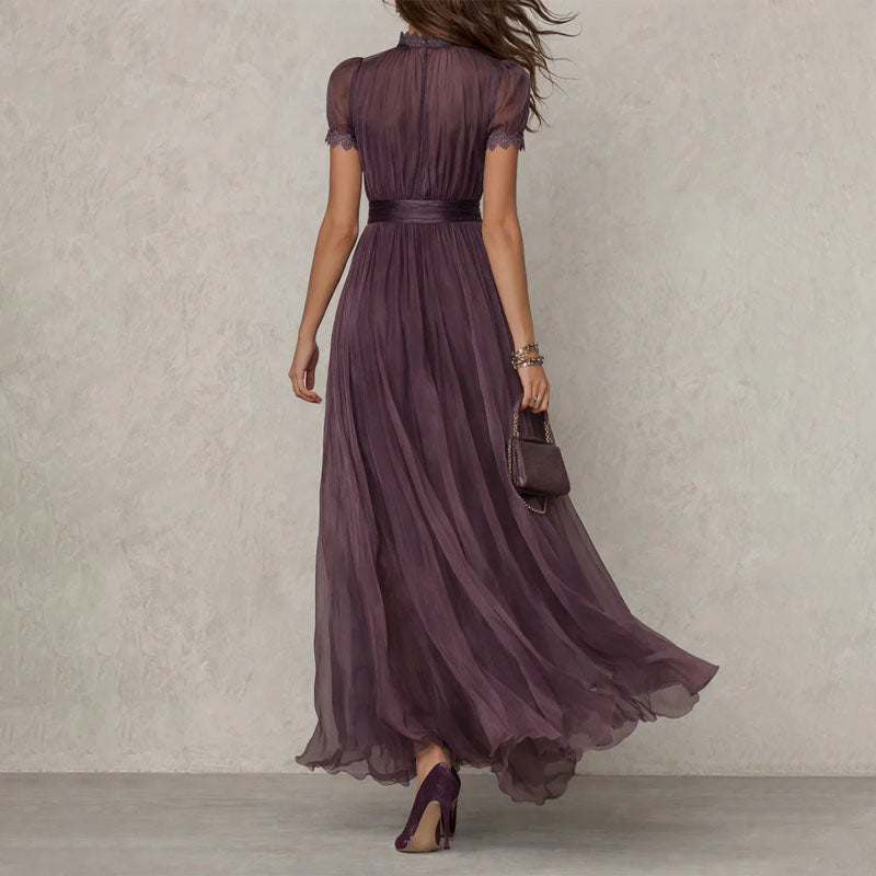 Penelope - Women's Sheer Pleated Keyhole Maxi Dress