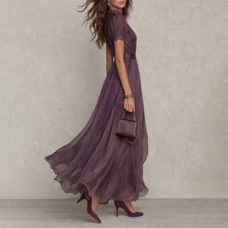 Penelope - Women's Sheer Pleated Keyhole Maxi Dress