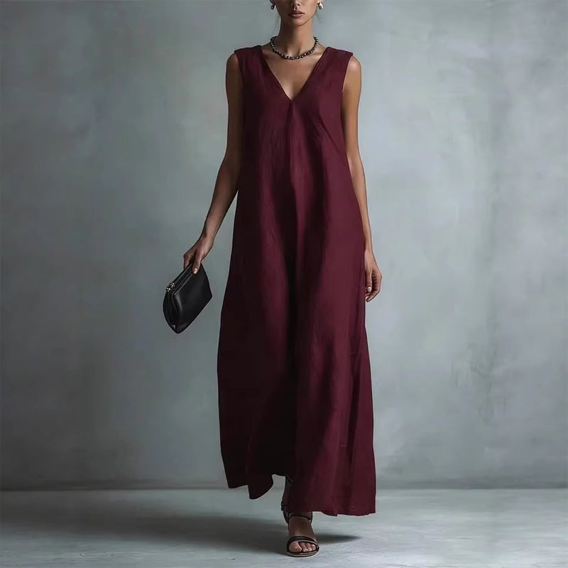 Priscilla - Women's Linen-Look Sleeveless V-Neck Maxi Dress