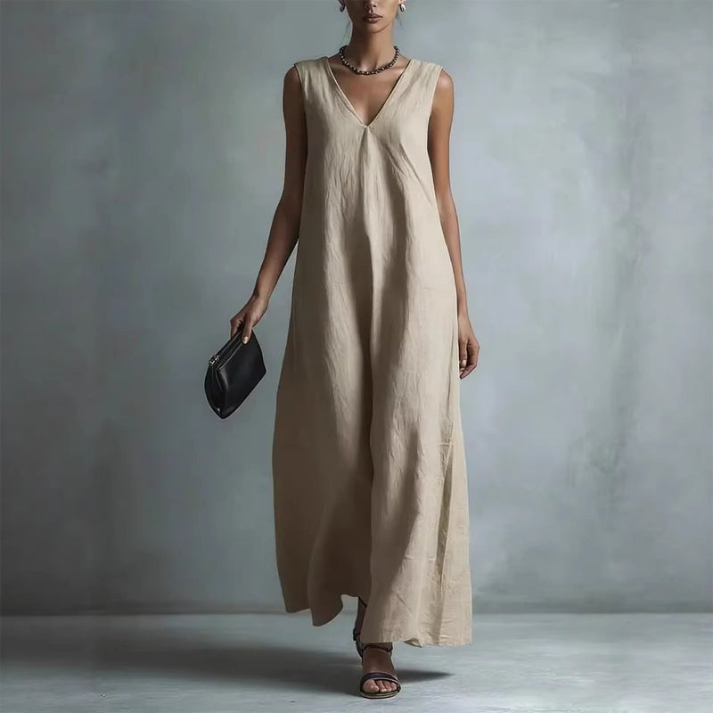 Priscilla - Women's Linen-Look Sleeveless V-Neck Maxi Dress