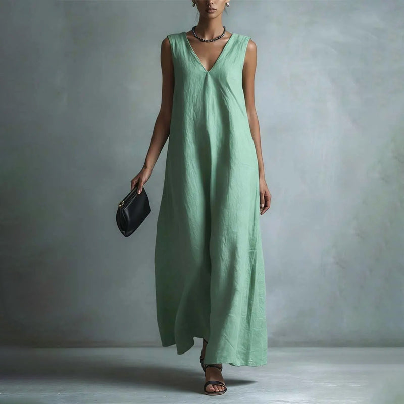 Priscilla - Women's Linen-Look Sleeveless V-Neck Maxi Dress