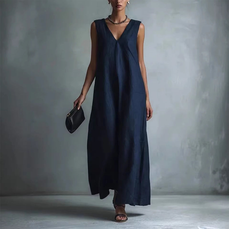Priscilla - Women's Linen-Look Sleeveless V-Neck Maxi Dress