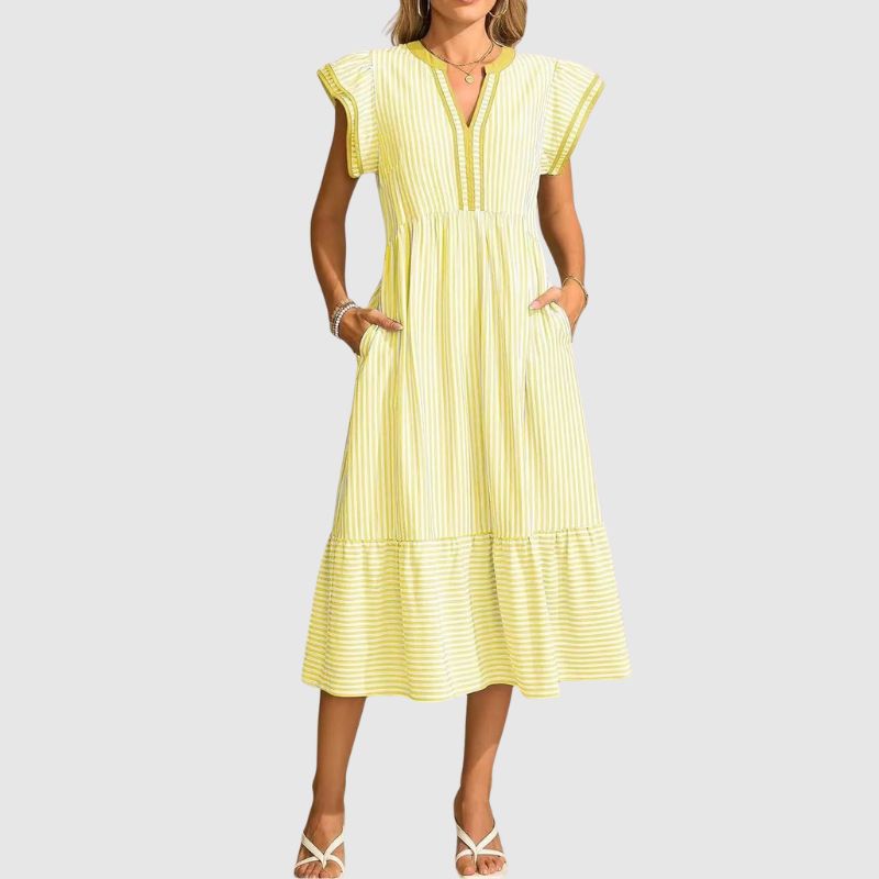 Rachel - Women's Striped Flutter Sleeve Midi Dres