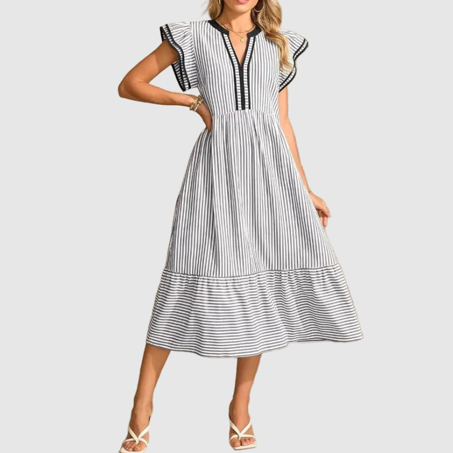 Rachel - Women's Striped Flutter Sleeve Midi Dres