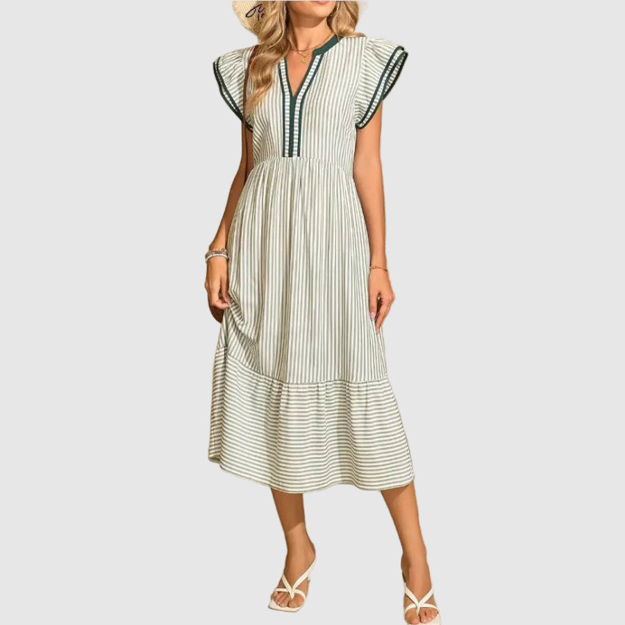 Rachel - Women's Striped Flutter Sleeve Midi Dres