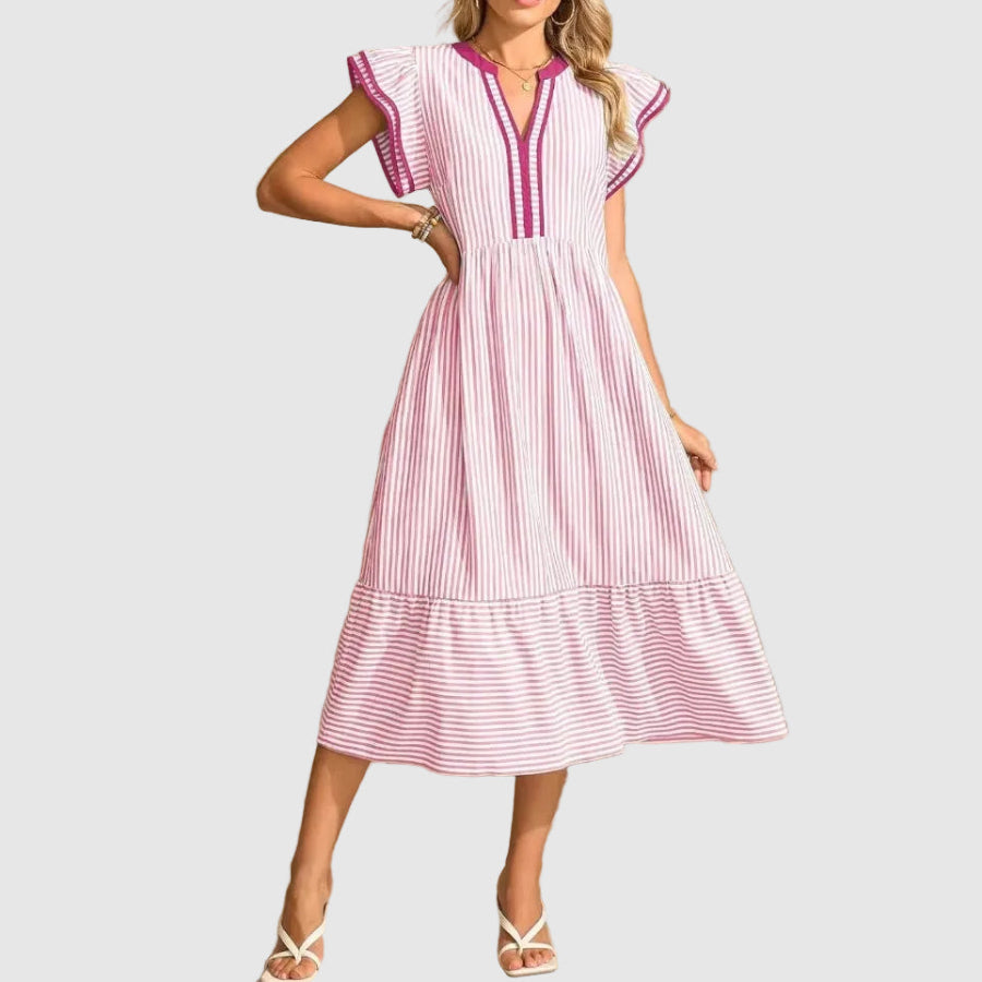 Rachel - Women's Striped Flutter Sleeve Midi Dres