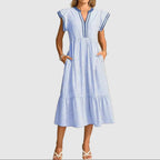 Rachel - Women's Striped Flutter Sleeve Midi Dres