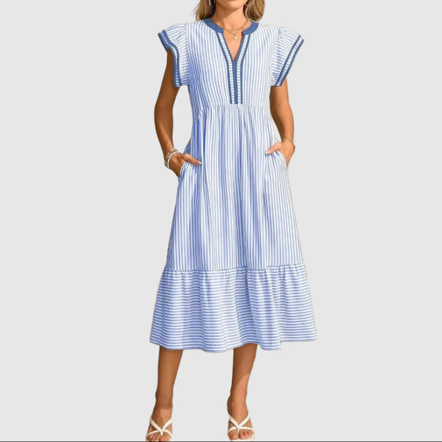 Rachel - Women's Striped Flutter Sleeve Midi Dres