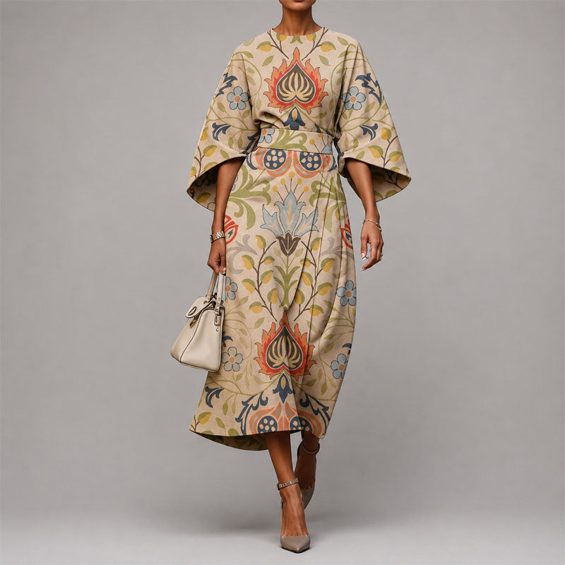 Ramsey - Women's Abstract Print Cape Sleeve Midi Dress