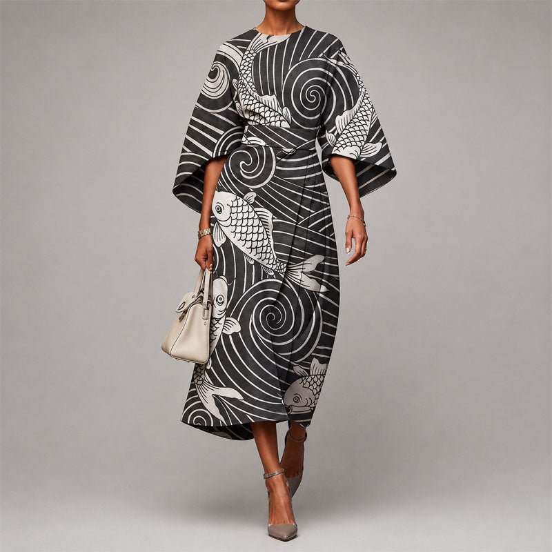 Ramsey - Women's Abstract Print Cape Sleeve Midi Dress