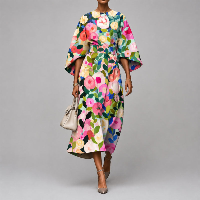 Ramsey - Women's Abstract Print Cape Sleeve Midi Dress