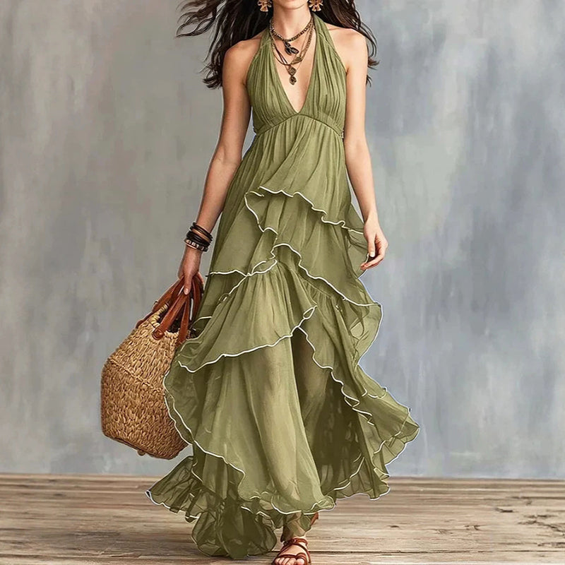 Raya - Women’s Halter Neck Ruffle Maxi Dress