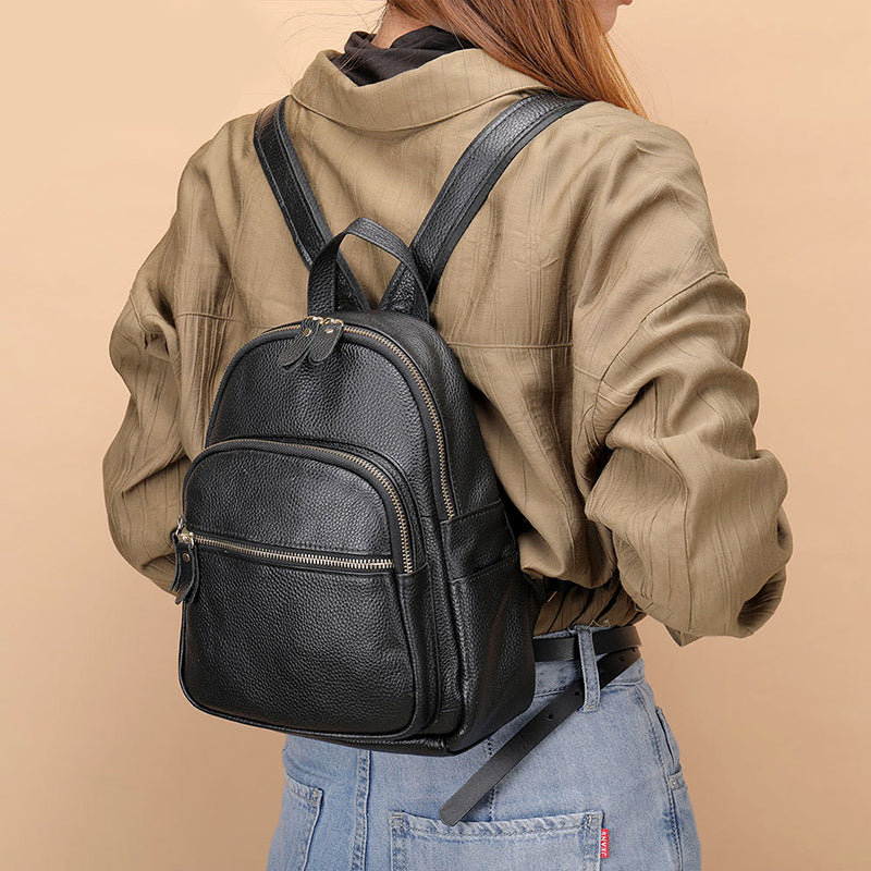 Reagan - Women's Structured Pebbled Leather Backpack with Dual Zip Pockets