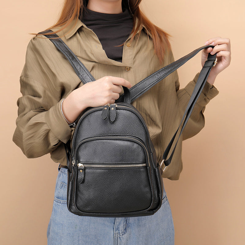 Reagan - Women's Structured Pebbled Leather Backpack with Dual Zip Pockets