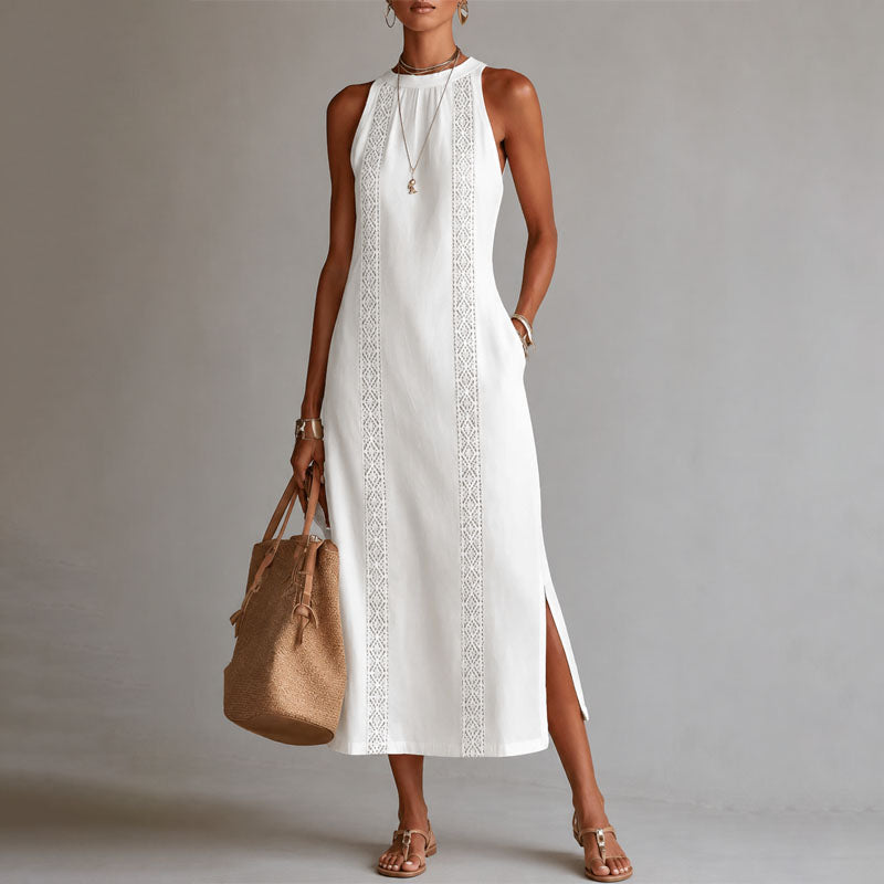 Renee - Women's Lace Panel Halter Midi Dress