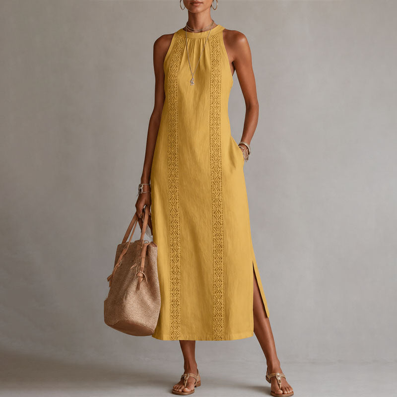 Renee - Women's Lace Panel Halter Midi Dress