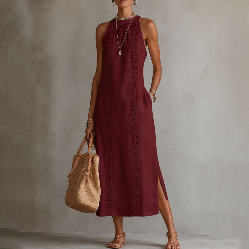 Renee - Women's Lace Panel Halter Midi Dress